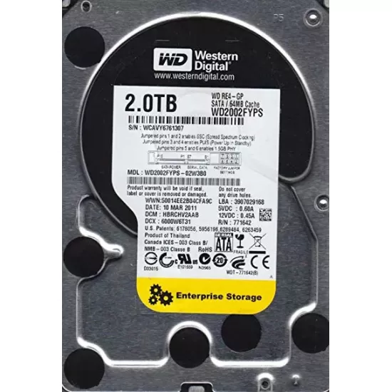 Refurbished Western Digital 2TB Hard Disk 7.2K RPM 3G 3.5 Inch Sata HDD Wd2002Fyps-02W3B0