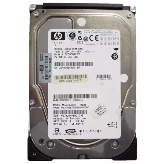 Refurbished HP 300gb 15k rpm 3g 3.5 inch sas hard disk 481653-003 375874-015 432146-001