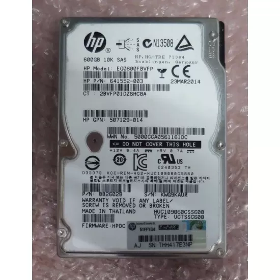 Refurbished HP 600gb 10k 6g dp 2.5 inch sas hard disk 641552-003